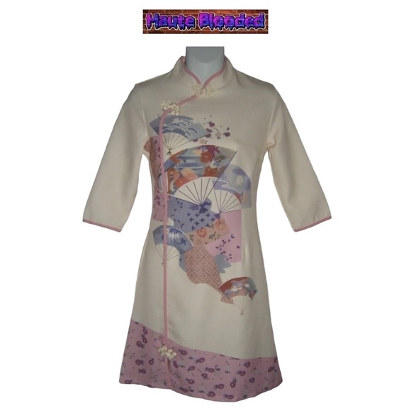 Fang Exuan Ivory & Pink Cheongsam Dress Chinese Floral Fans Wearable Artwork NWT - Picture 1 of 11